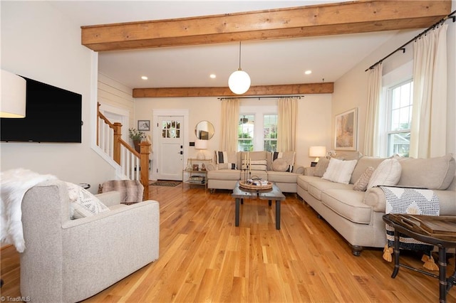 229 Orchard St, Mount Airy, NC 27030 - living room featuring light wood finished floors, stairway, beam ceiling, and recessed lighting