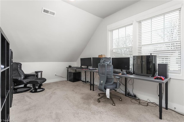 carpeted office featuring plenty of natural light and lofted ceiling