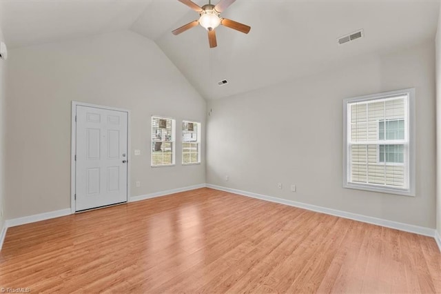 empty room featuring visible vents, baseboards, ceiling fan, and light wood-style flooring