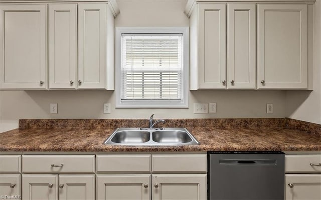 kitchen with dishwasher, dark countertops, white cabinetry, and a sink