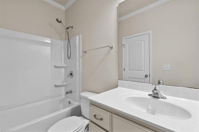 bathroom featuring vanity, crown molding, toilet, and shower / tub combination