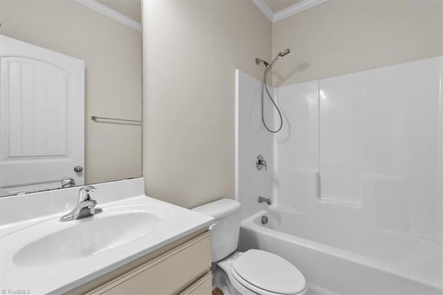 bathroom featuring vanity, shower / tub combination, toilet, and ornamental molding