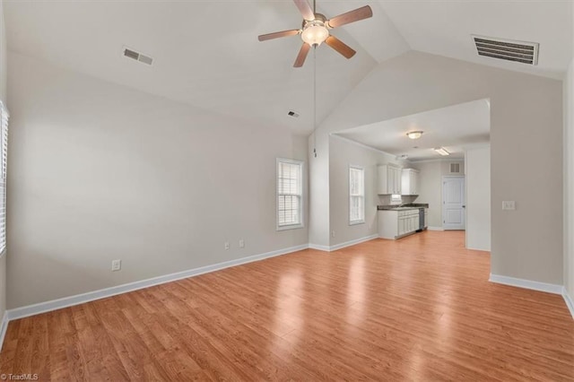 unfurnished living room with visible vents, light wood-style flooring, and a ceiling fan