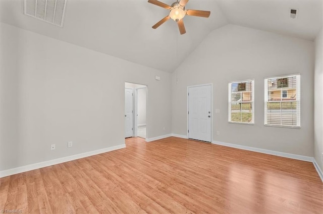 empty room featuring light wood-style floors, a ceiling fan, visible vents, and baseboards