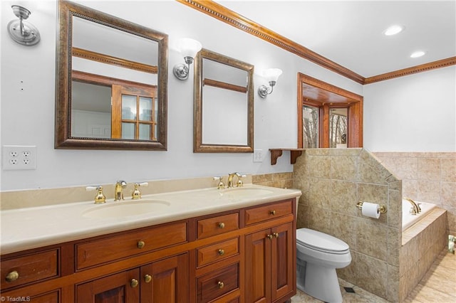 bathroom with toilet, tiled tub, tile walls, ornamental molding, and vanity