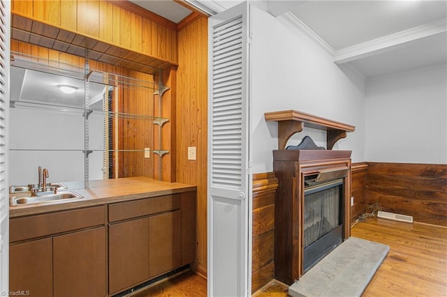 interior space featuring light hardwood / wood-style floors, sink, ornamental molding, and wooden walls