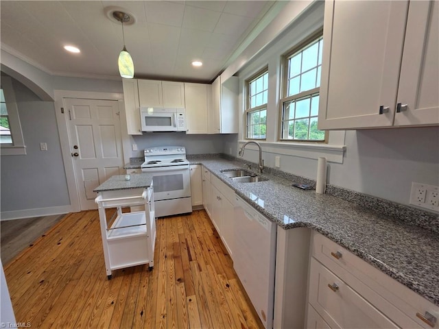 117 Hillcrest St, Jonesville, NC 28642 - kitchen with white appliances, white cabinets, light stone countertops, recessed lighting, and ornamental molding