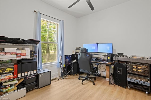 office space featuring ceiling fan, a healthy amount of sunlight, and light hardwood / wood-style flooring