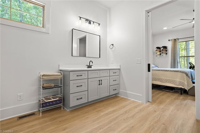 bathroom featuring wood-type flooring, vanity, and ceiling fan