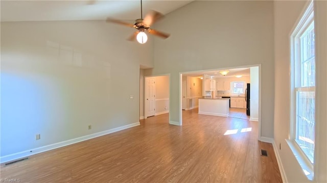 3128 Burke Mill Ct, Winston-Salem, NC 27103 - unfurnished living room with high vaulted ceiling, a ceiling fan, light wood finished floors, and plenty of natural light