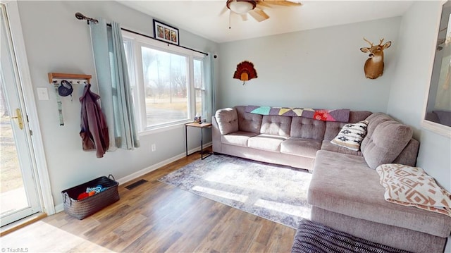 living room featuring ceiling fan and light hardwood / wood-style floors