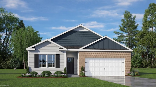 view of front of property with a front yard, brick siding, driveway, and an attached garage