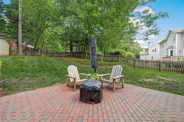 view of patio / terrace featuring an outdoor fire pit