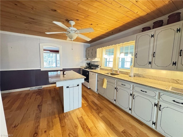 kitchen featuring sink, range with electric stovetop, ornamental molding, a kitchen island, and wooden ceiling