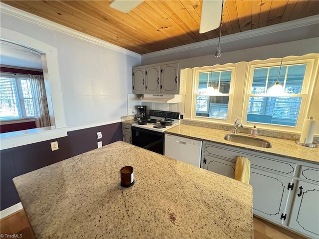 kitchen with sink, wooden ceiling, ornamental molding, dishwasher, and electric stove