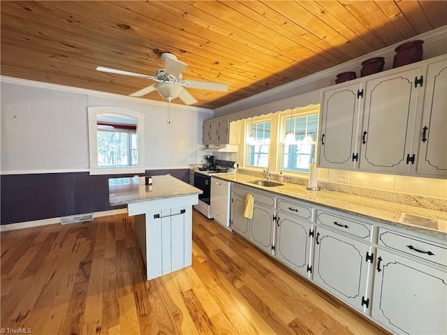 kitchen featuring sink, crown molding, wood ceiling, white dishwasher, and white cabinets