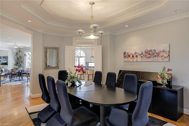 dining room with a raised ceiling, light wood-style flooring, and a healthy amount of sunlight