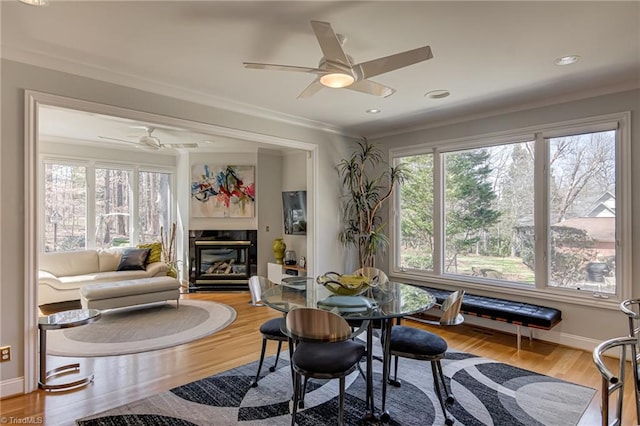 dining space with a glass covered fireplace, wood finished floors, baseboards, and ornamental molding