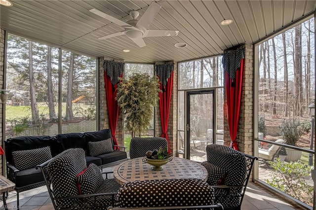 sunroom featuring wooden ceiling, plenty of natural light, and a ceiling fan