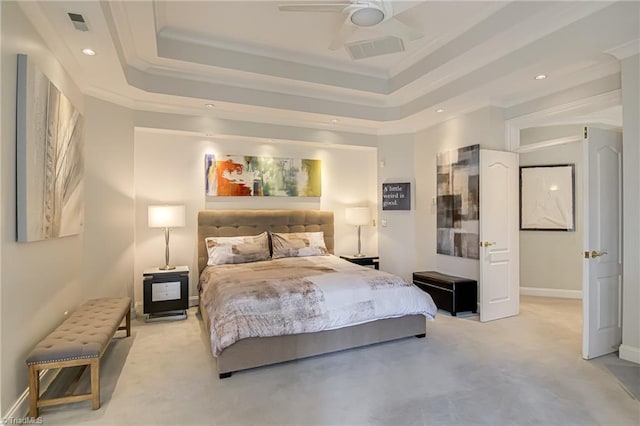 bedroom with recessed lighting, crown molding, a raised ceiling, light colored carpet, and ceiling fan