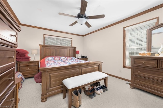 bedroom with ceiling fan, baseboards, light colored carpet, and ornamental molding