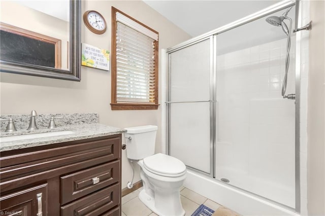 full bathroom with tile patterned floors, toilet, a stall shower, and vanity