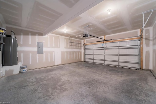 garage featuring a garage door opener, electric panel, and water heater