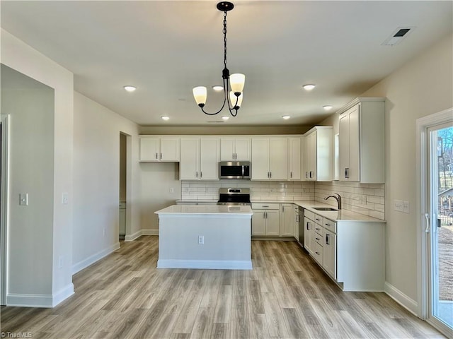 kitchen featuring white cabinetry, sink, backsplash, a center island, and stainless steel appliances