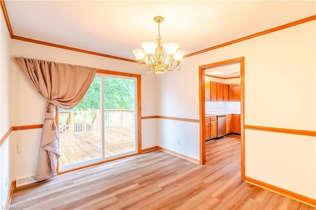 163 Ruth Ct, Winston-Salem, NC 27127 - unfurnished dining area with a chandelier, light wood-style floors, ornamental molding, and baseboards
