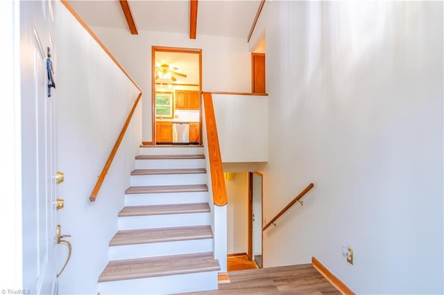 163 Ruth Ct, Winston-Salem, NC 27127 - staircase featuring wood finished floors and beamed ceiling