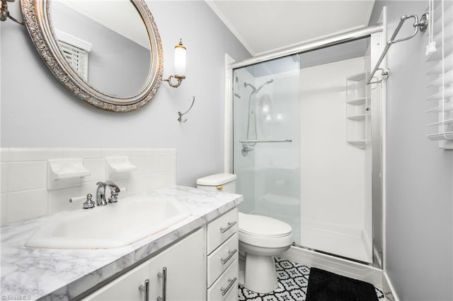 1315 Waybridge Ln, Winston-Salem, NC 27103 - bathroom with a stall shower, vanity, and backsplash