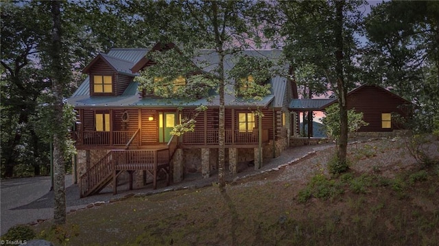 2235 Buck Mountain Rd, Purlear, NC 28665 - back of property featuring stairway, a porch, a metal roof, and log siding