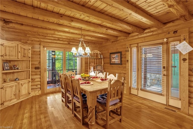 2235 Buck Mountain Rd, Purlear, NC 28665 - dining area featuring a chandelier, a wood ceiling with exposed beams, light wood-style floors, and rustic walls