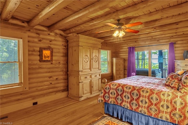 2235 Buck Mountain Rd, Purlear, NC 28665 - bedroom with a wooden ceiling with exposed beams, light wood-style flooring, access to exterior, log walls, and ceiling fan