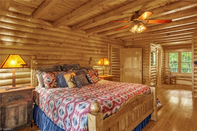 2235 Buck Mountain Rd, Purlear, NC 28665 - bedroom featuring a wooden ceiling with exposed beams, log walls, and wood finished floors