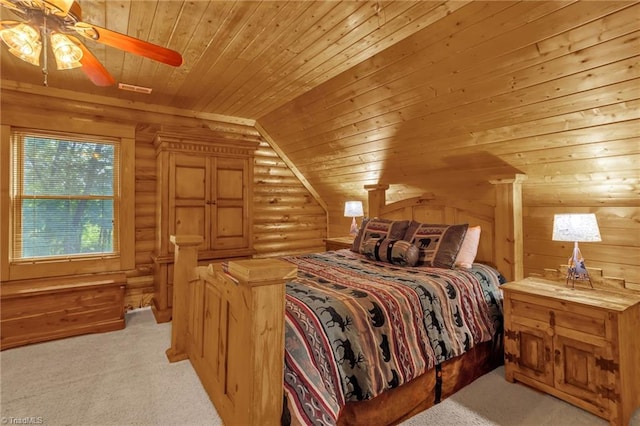 2235 Buck Mountain Rd, Purlear, NC 28665 - bedroom with rustic walls, wooden ceiling, light carpet, and lofted ceiling