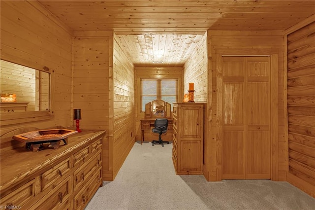 2235 Buck Mountain Rd, Purlear, NC 28665 - hall featuring wooden ceiling, light carpet, and wooden walls
