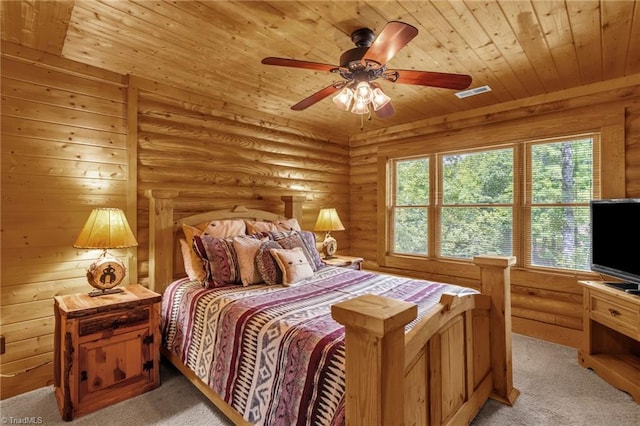 2235 Buck Mountain Rd, Purlear, NC 28665 - bedroom featuring light colored carpet, wooden ceiling, a ceiling fan, and log walls