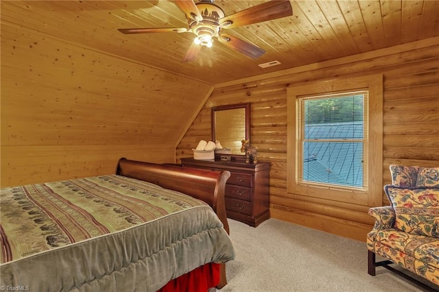 2235 Buck Mountain Rd, Purlear, NC 28665 - carpeted bedroom featuring rustic walls, wood ceiling, vaulted ceiling, and ceiling fan