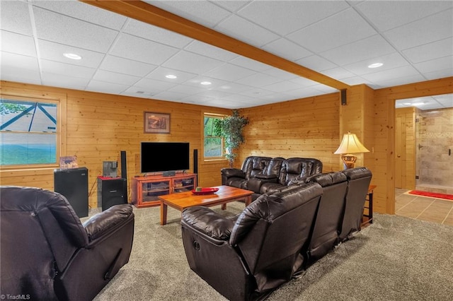 2235 Buck Mountain Rd, Purlear, NC 28665 - carpeted living area with plenty of natural light, wooden walls, recessed lighting, and a drop ceiling