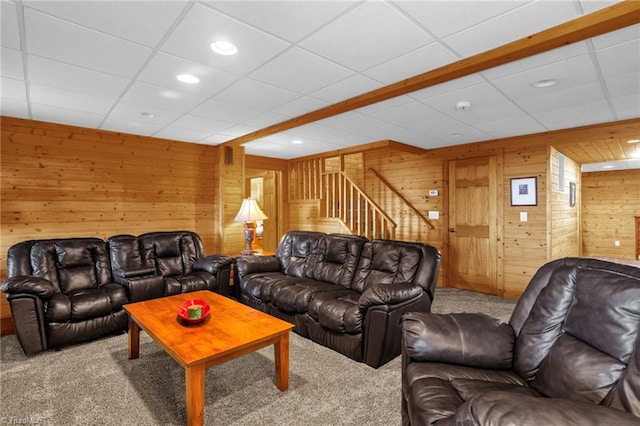 2235 Buck Mountain Rd, Purlear, NC 28665 - carpeted living area with stairway, wooden walls, recessed lighting, and a paneled ceiling