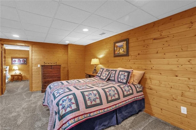 2235 Buck Mountain Rd, Purlear, NC 28665 - bedroom featuring carpet, a paneled ceiling, recessed lighting, and wooden walls