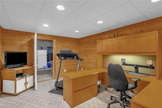 2235 Buck Mountain Rd, Purlear, NC 28665 - home office with light carpet, wood walls, recessed lighting, and a drop ceiling