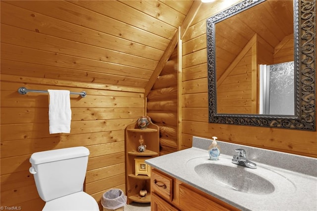 2235 Buck Mountain Rd, Purlear, NC 28665 - bathroom with lofted ceiling, vanity, wooden walls, and wood ceiling