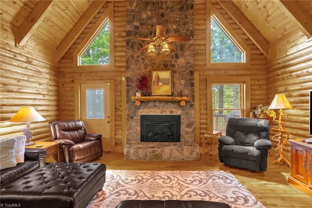 2235 Buck Mountain Rd, Purlear, NC 28665 - living room featuring high vaulted ceiling, log walls, hardwood / wood-style flooring, a wooden ceiling with exposed beams, and a fireplace