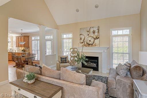 living room with a healthy amount of sunlight and high vaulted ceiling