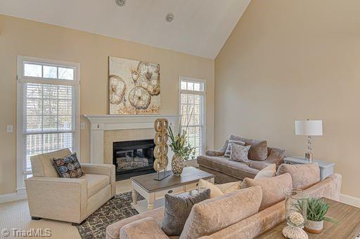 carpeted living room featuring high vaulted ceiling and plenty of natural light