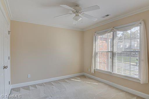 carpeted spare room featuring ceiling fan and ornamental molding