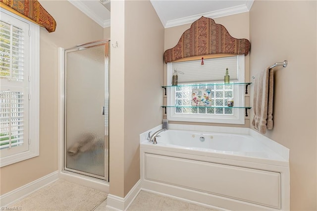 bathroom featuring tile patterned flooring, separate shower and tub, and crown molding