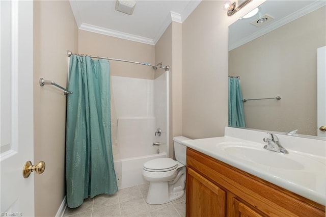 full bathroom featuring ornamental molding, vanity, shower / bath combo with shower curtain, tile patterned flooring, and toilet